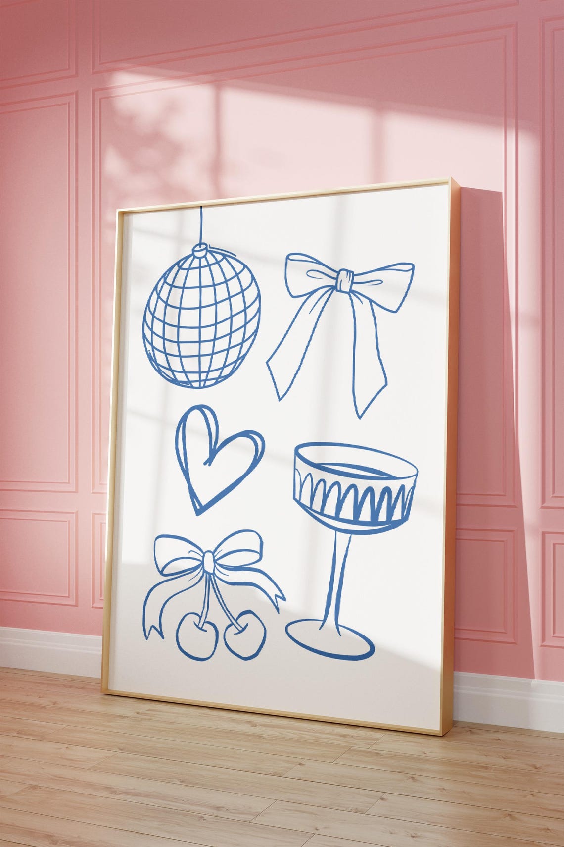 Blue Line Art Disco Ball Bow Cherries Trendy Preppy Icon Poster - Image 2