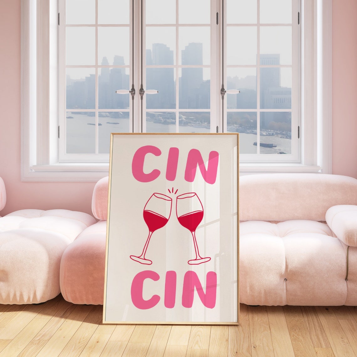 Cin Cin Pink Red Wine Glass Cheers Minimalist Bar Cart Poster - Image 3