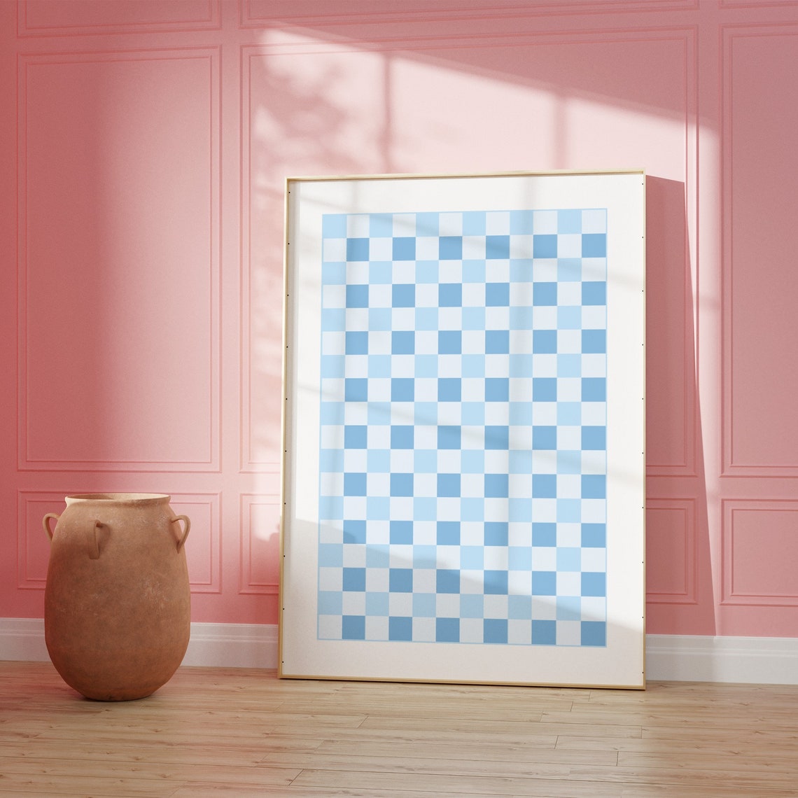 Blue Checkerboard Pattern Poster Retro Checkered Squares Wall Decor - Image 3