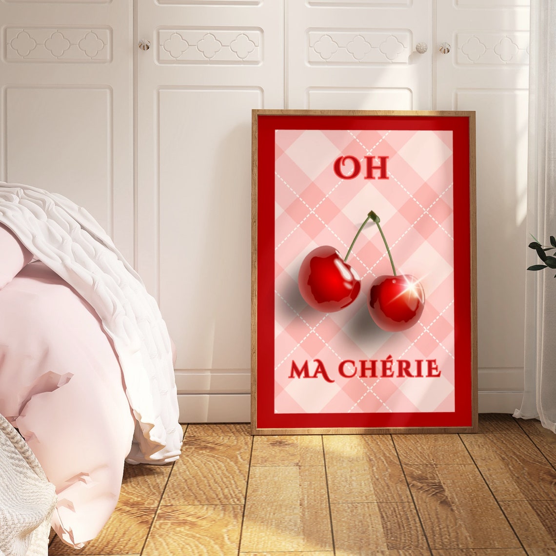 Oh Ma Cherie Glossy Red Cherries French Gingham Retro Fruit Poster