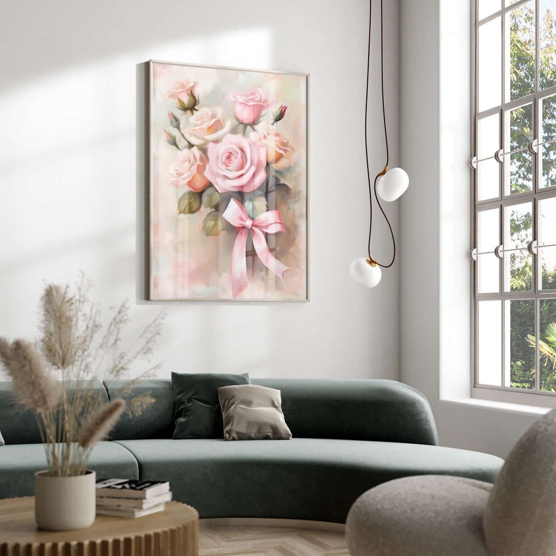 Pink Roses Oil Painting Romantic Elegant Pink Bow Floral Art Poster - Image 2