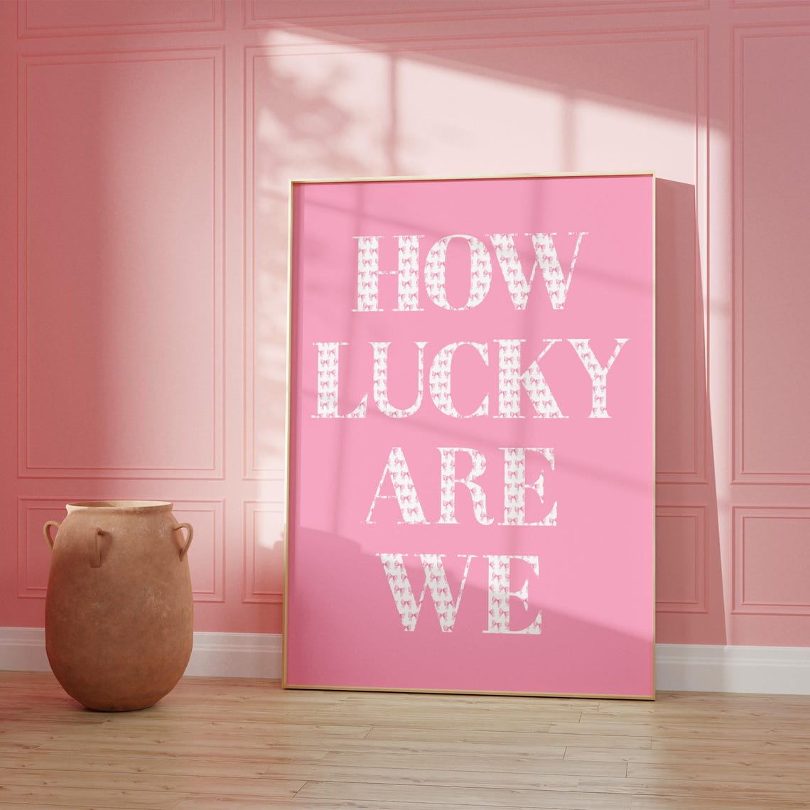 How Lucky Are We Pink White Coquette Bow Pattern Quote Poster - Image 2