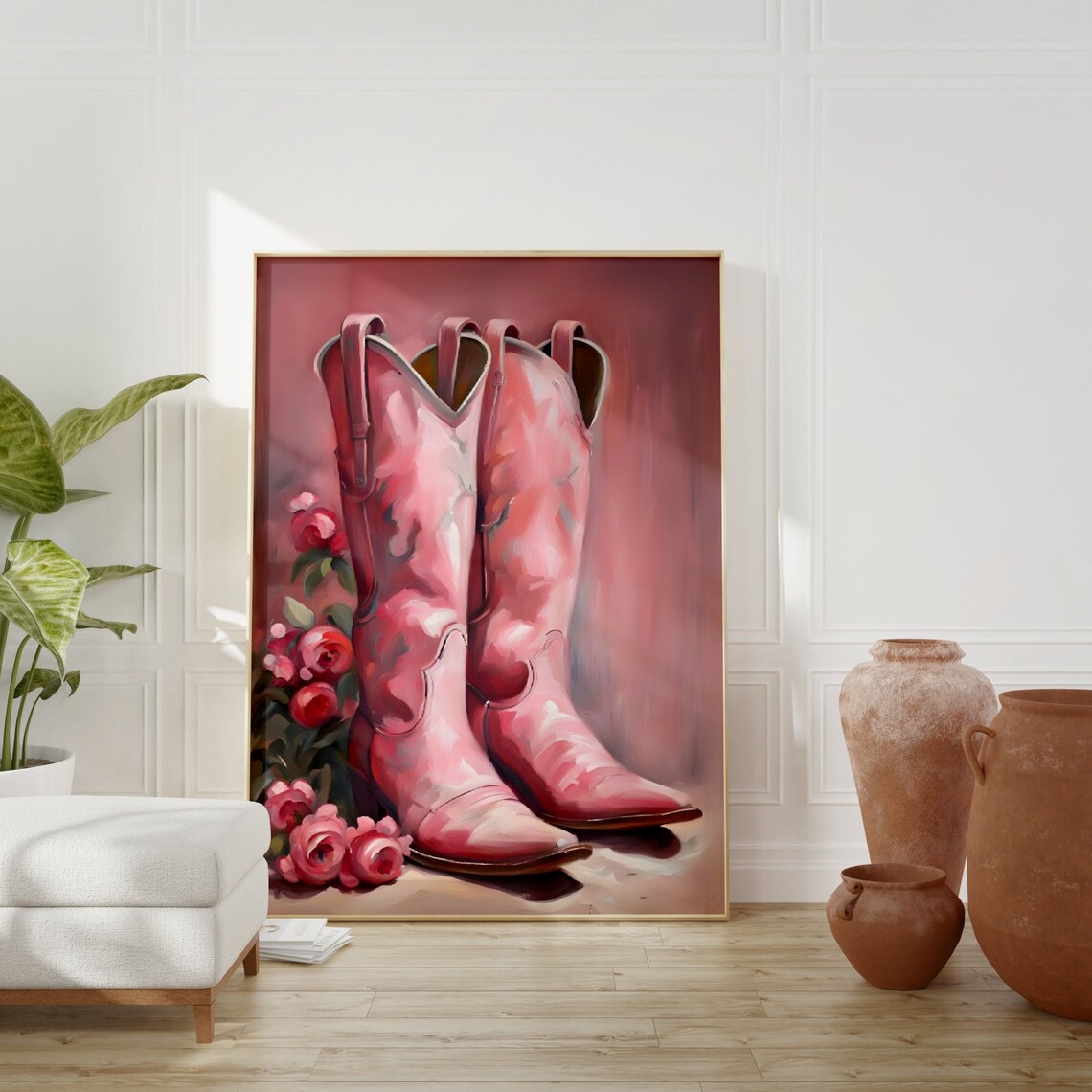 Pink Cowboy Boots Oil Painting Poster Vintage Western Rose Floral Art - Image 3