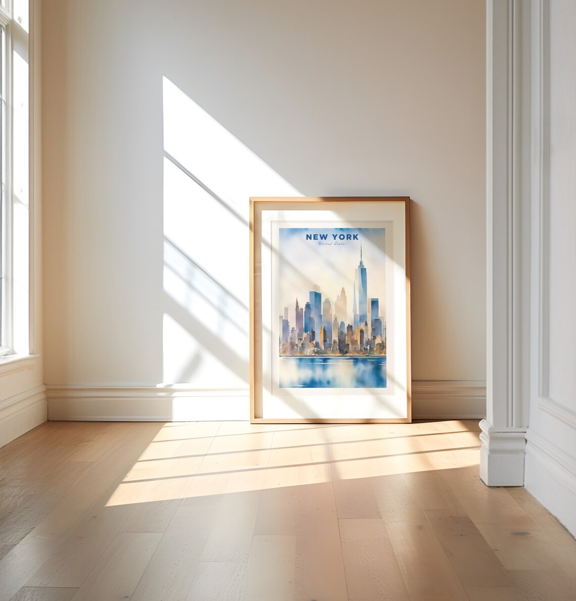 New York Blue Watercolor Skyline Freedom Tower Travel Poster - Image 3