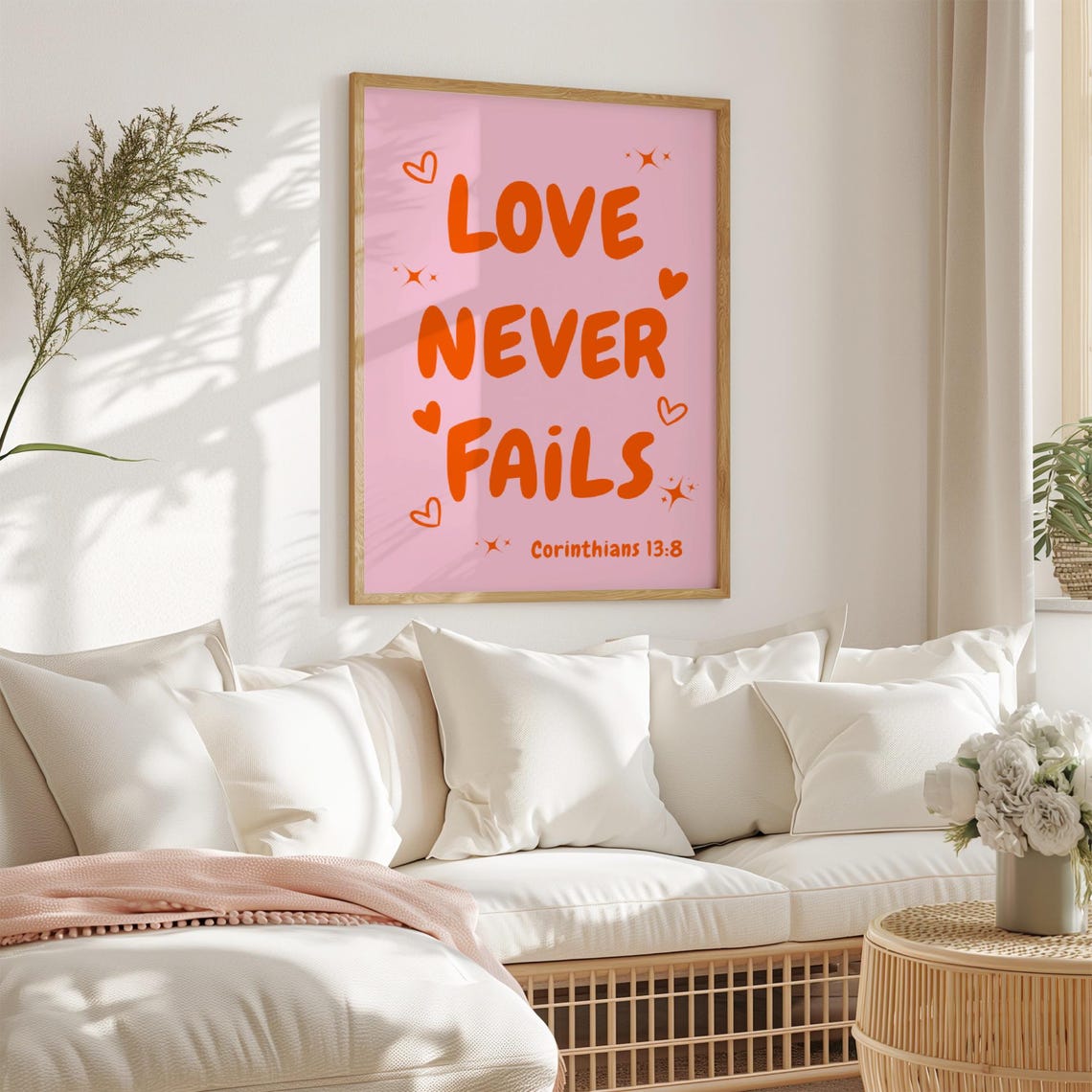 Love Never Fails Corinthians 13:8 Pink Orange Scripture Poster - Image 2