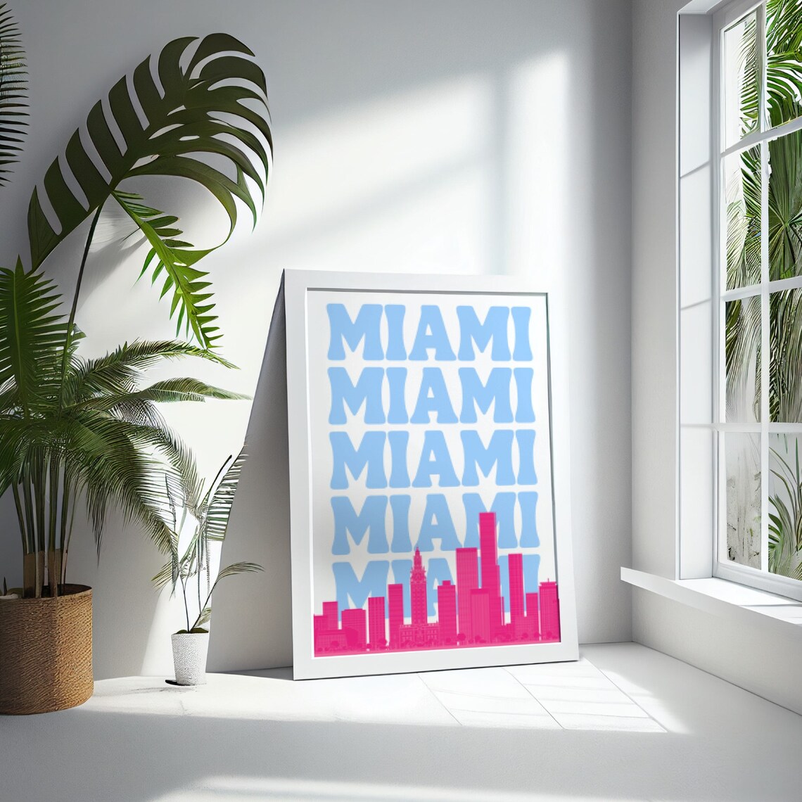 Miami Retro Skyline Typography Pink Blue Beach Travel Poster - Image 2