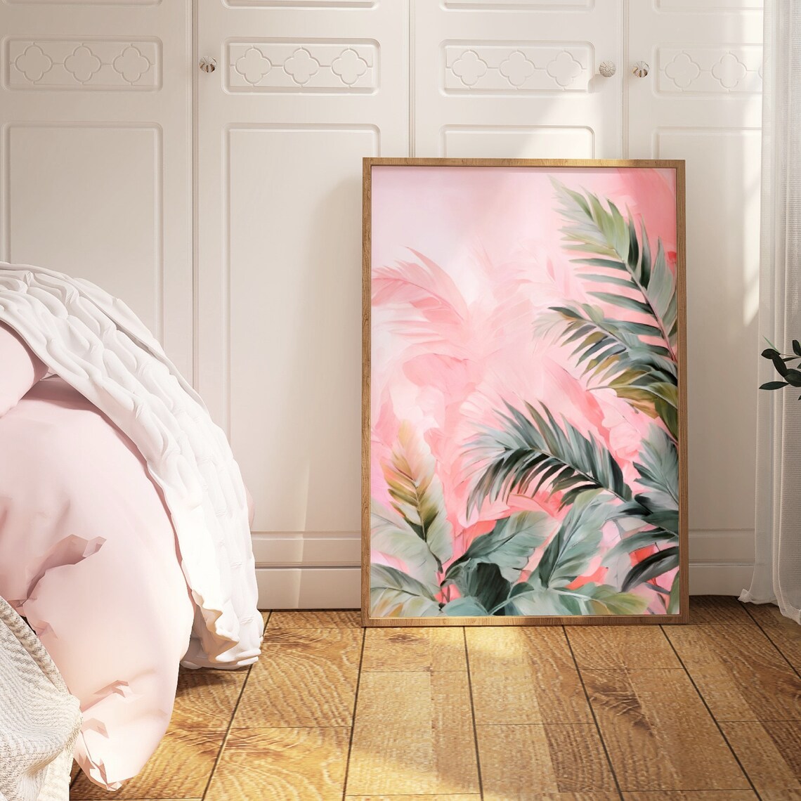 Pink Abstract Palm Tree Fronds Soft Watercolor Tropical Wall Decor Poster - Image 2