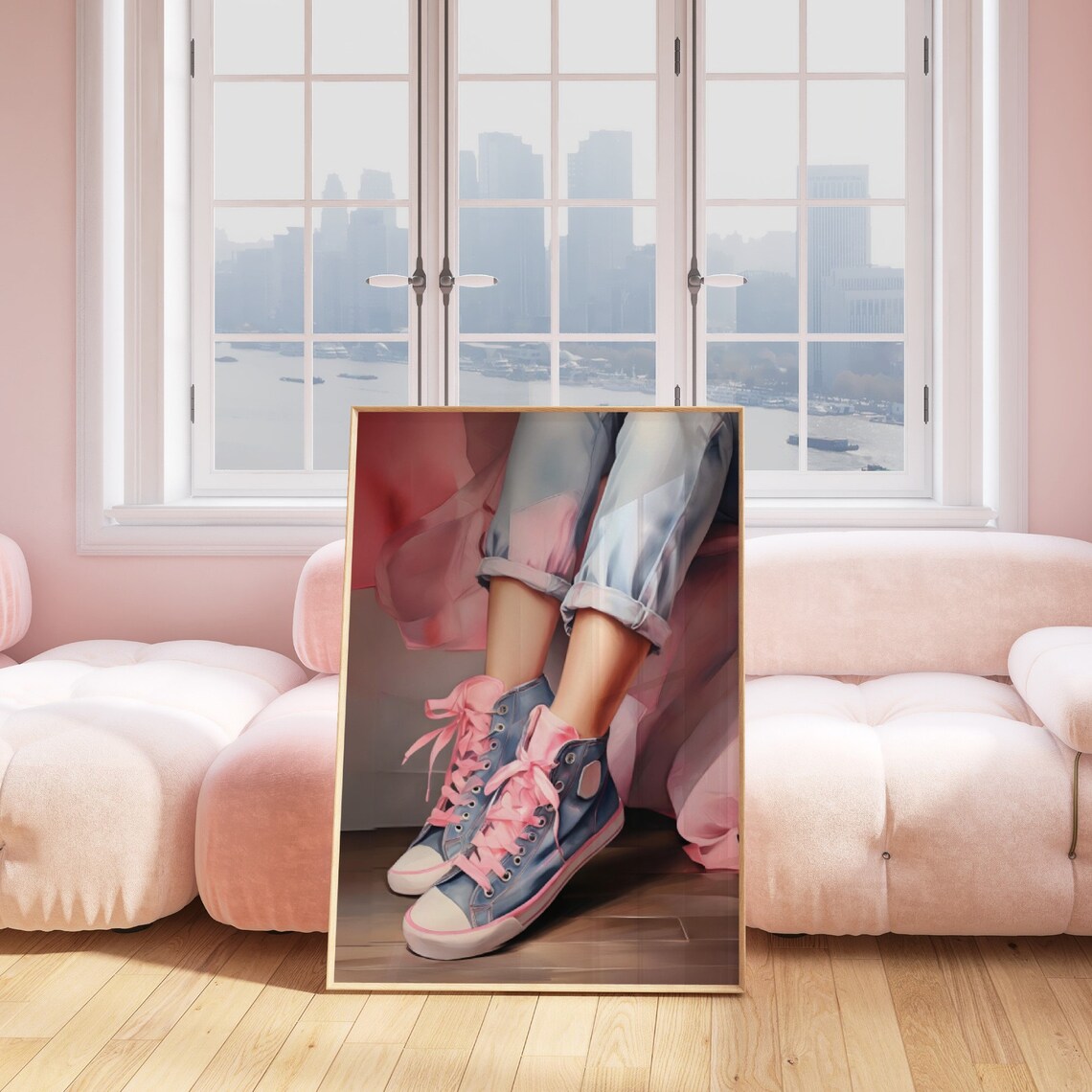 Denim Sneaker Pink Blue High Top Shoes Retro Fashion Cool Poster - Image 4