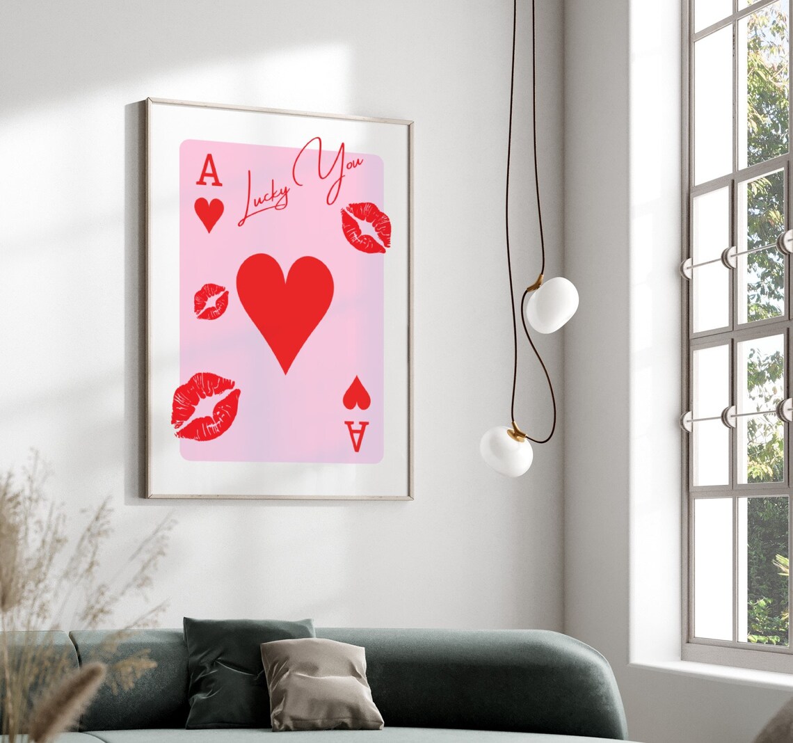 Lucky You Red Ace Of Hearts Poster Lipstick Kiss Retro Card Art - Image 2