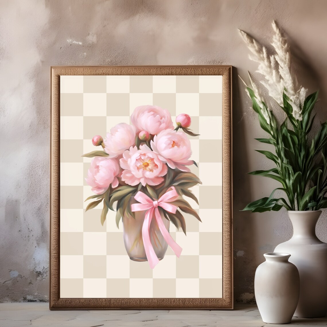 Bouquet Of Flowers Print Checkered Wall Art Peonies Floral Art Girls Bedroom Checker Wall Art Flower Art Beige Checker Art - Image 3