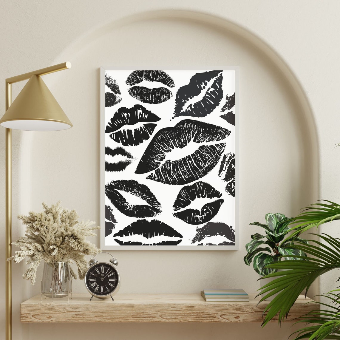 Black Lipstick Kiss Marks Grid White Retro Lips Collage Poster - Image 2