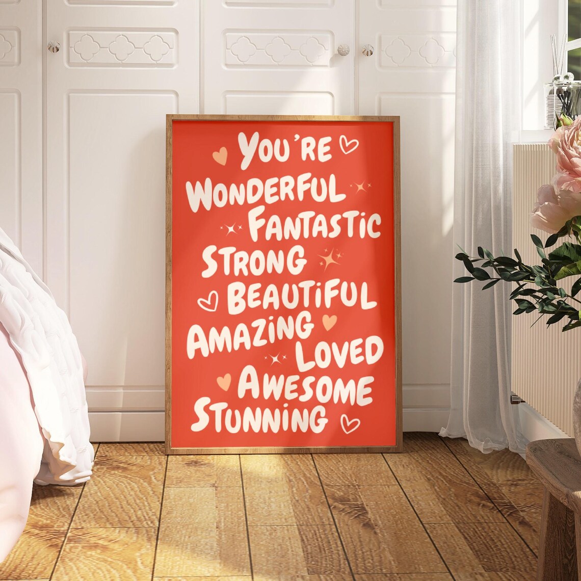 You Are Wonderful Red Affirmations Quote Positive Heart Poster - Image 2