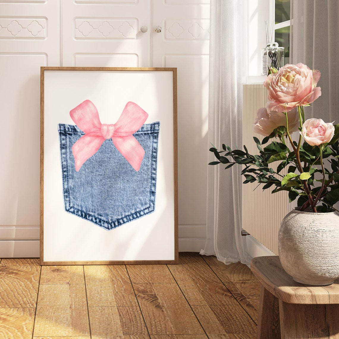 Pink Bow Print Demim Blue Wall Art Denim Prints Western Cowgirl Print Vintage Cowgirl Art Retro Wall Art Gift For Teen Girl - Image 5