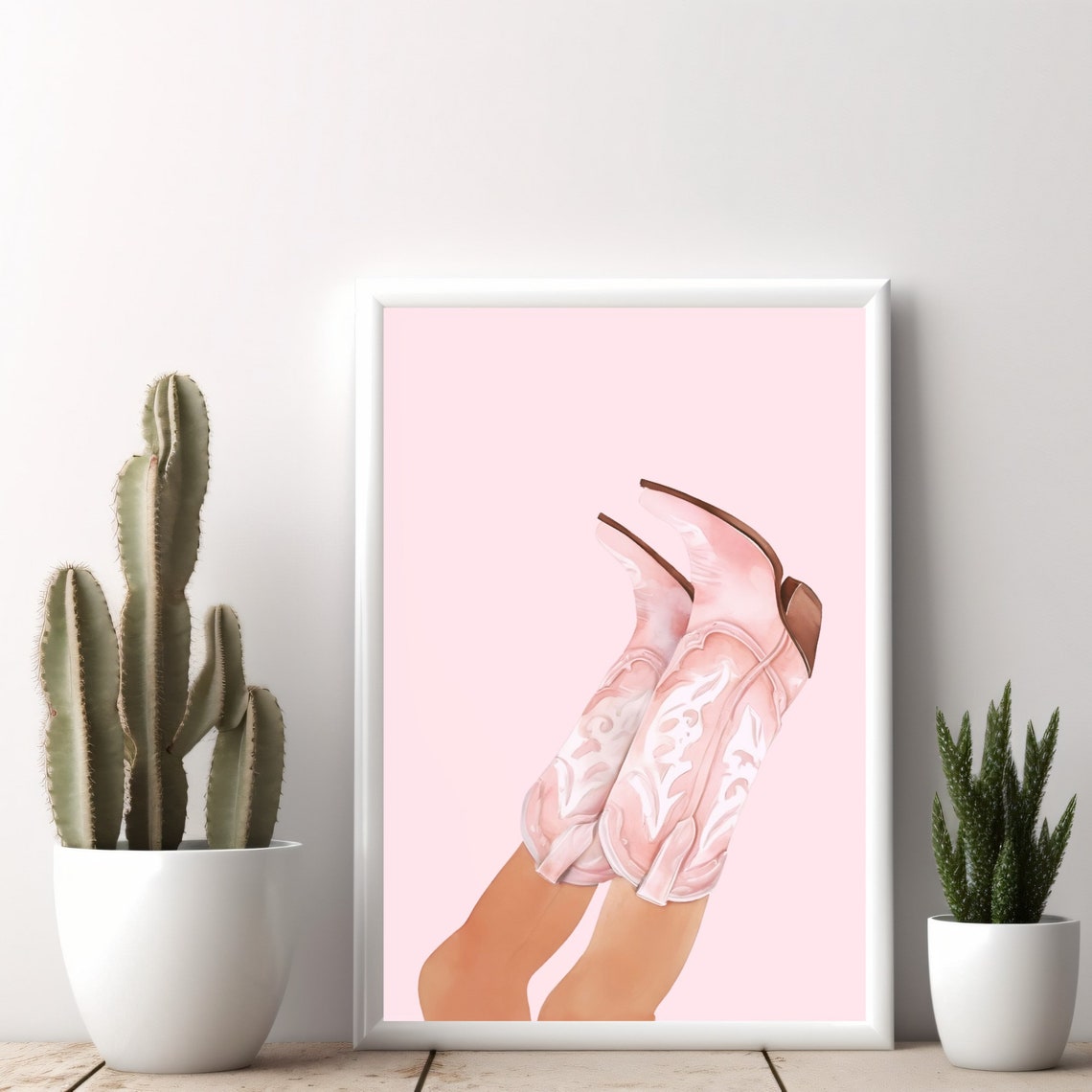 Pink Cowgirl Boots Illustration Embroidered Western Art Poster - Image 3