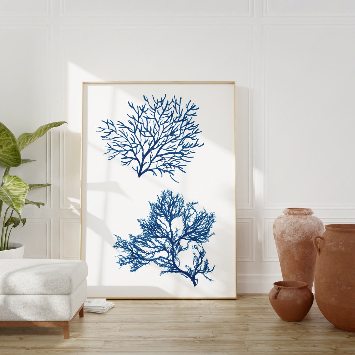 Blue Coral Silhouette Poster Sea Life Nautical Beach House Decor
