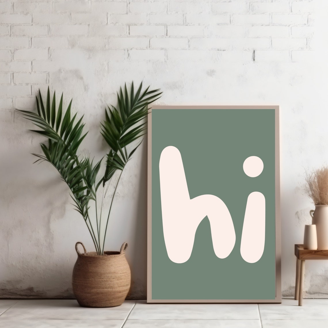Hi Retro Lowercase Typography Poster Sage Green Minimalist Fun Decor - Image 2