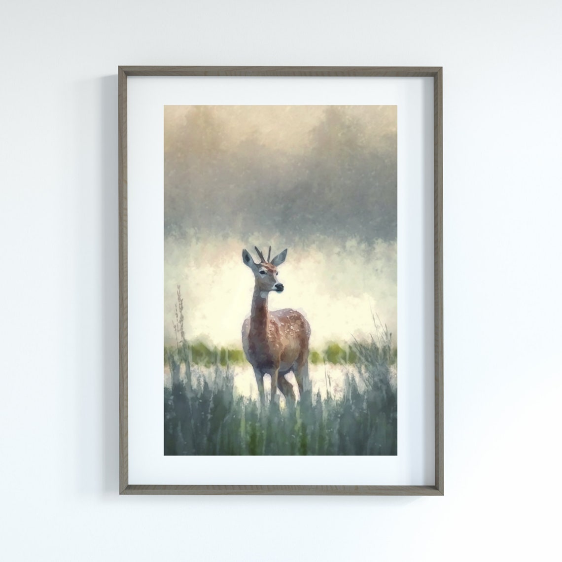 Misty Morning Doe Standing In Tall Grass Soft Watercolor Poster - Image 4