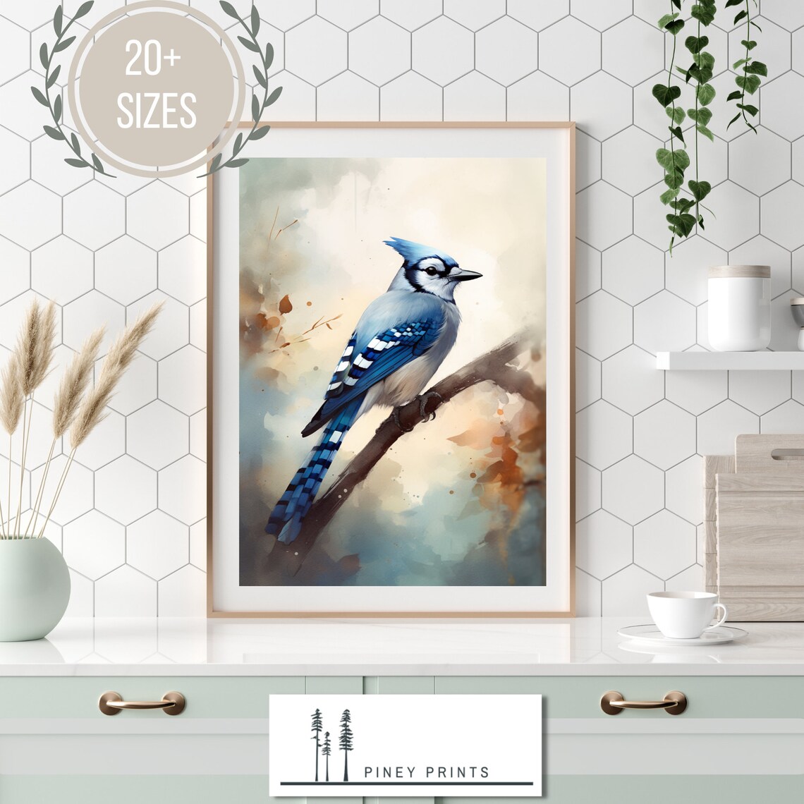 Blue Jay Perched On Branch Watercolor Songbird Painting Art Poster - Image 3