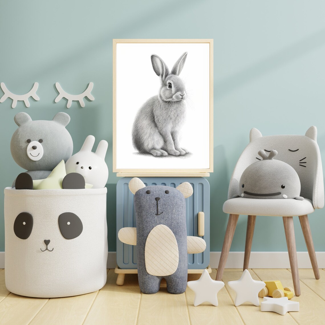 Gray Bunny Rabbit Pencil Sketch Nursery Animal Drawing Poster - Image 3