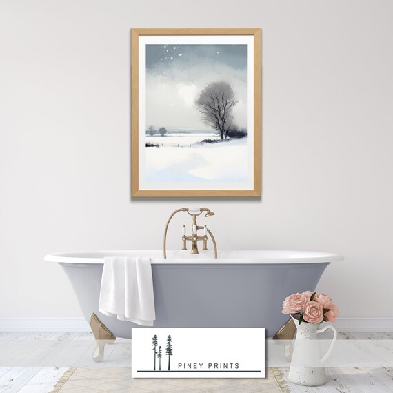 Snowy Prairie Winter Landscape Painting Lone Tree Falling Snow Poster
