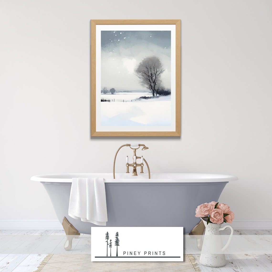Snowy Prairie Winter Landscape Painting Lone Tree Falling Snow Poster