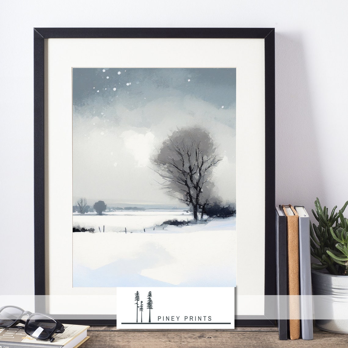 Snowy Prairie Winter Landscape Painting Lone Tree Falling Snow Poster - Image 2