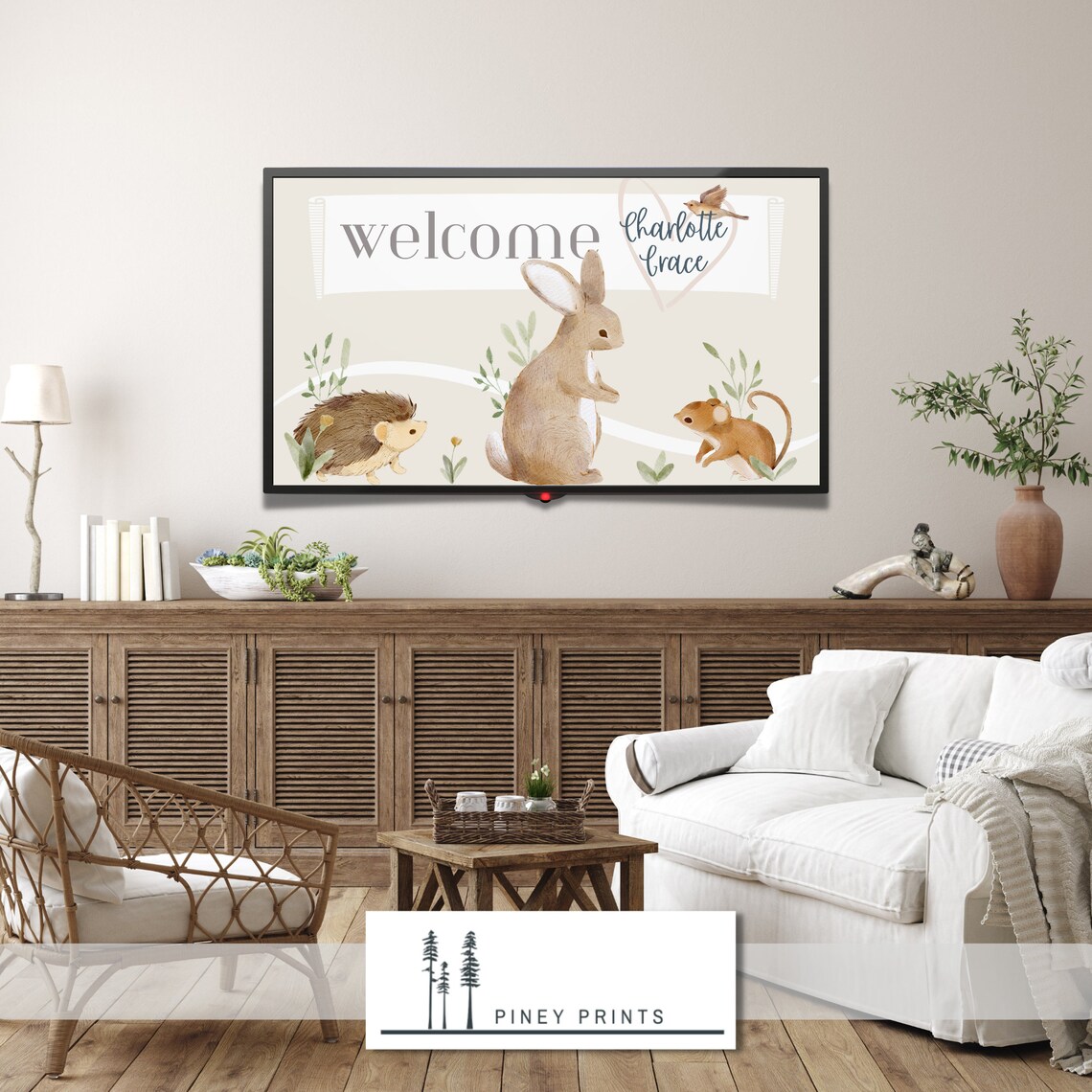 Welcome Custom Name Frame TV Art Baby Woodland Hedgehog Bunny Print - Image 2