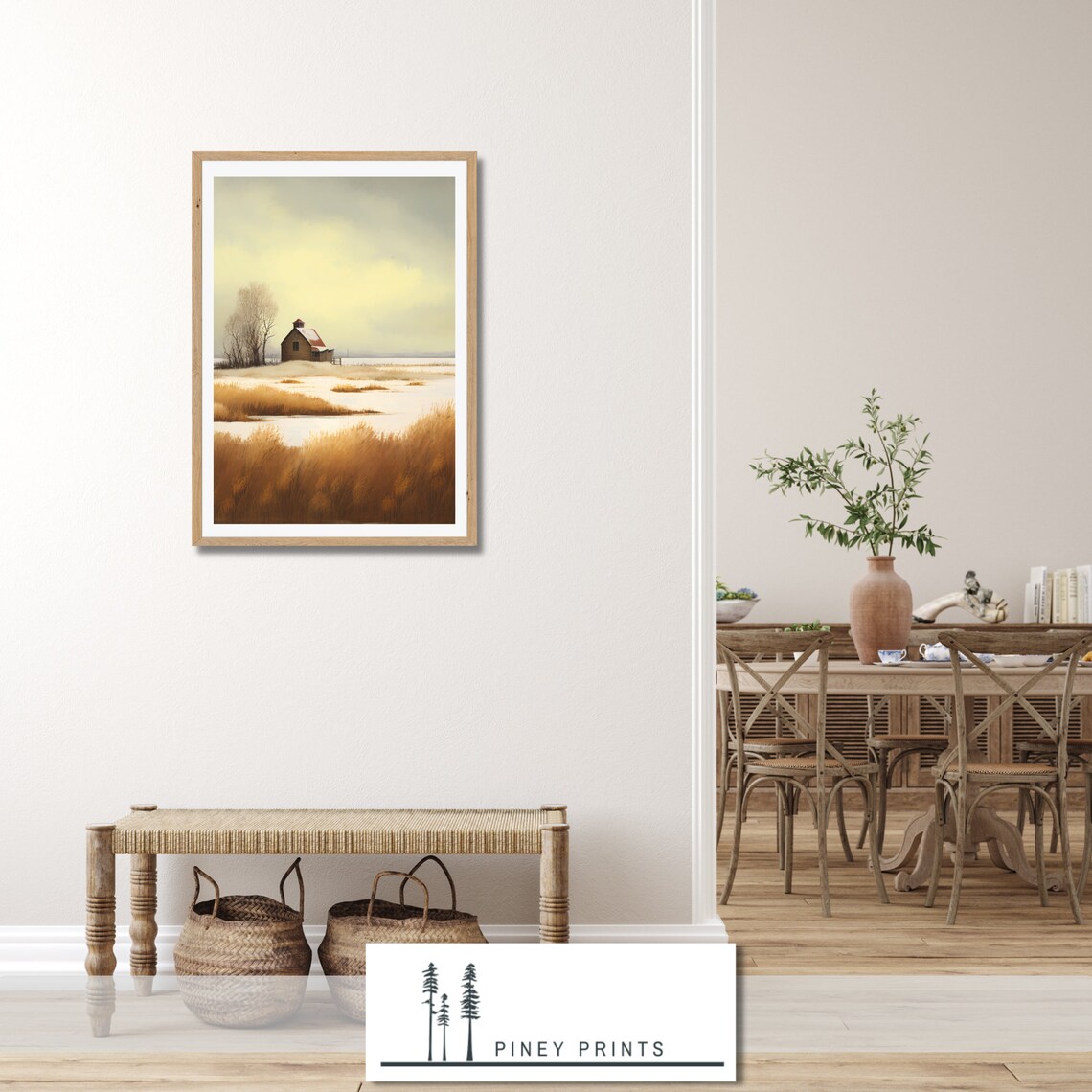 Snowy Cabin Winter Field Golden Grass Landscape Painting Poster - Image 3