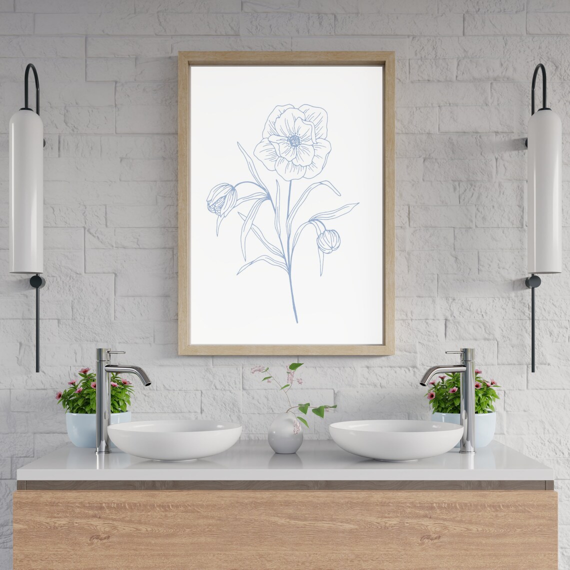 Blue Line Art Peony Flower Minimalist Botanical Drawing Poster - Image 2