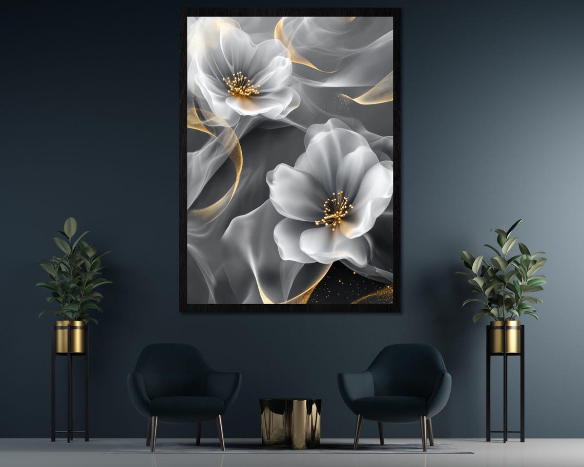 Romantic White Flowers On Grey Background Fluid Art With Gold Poster