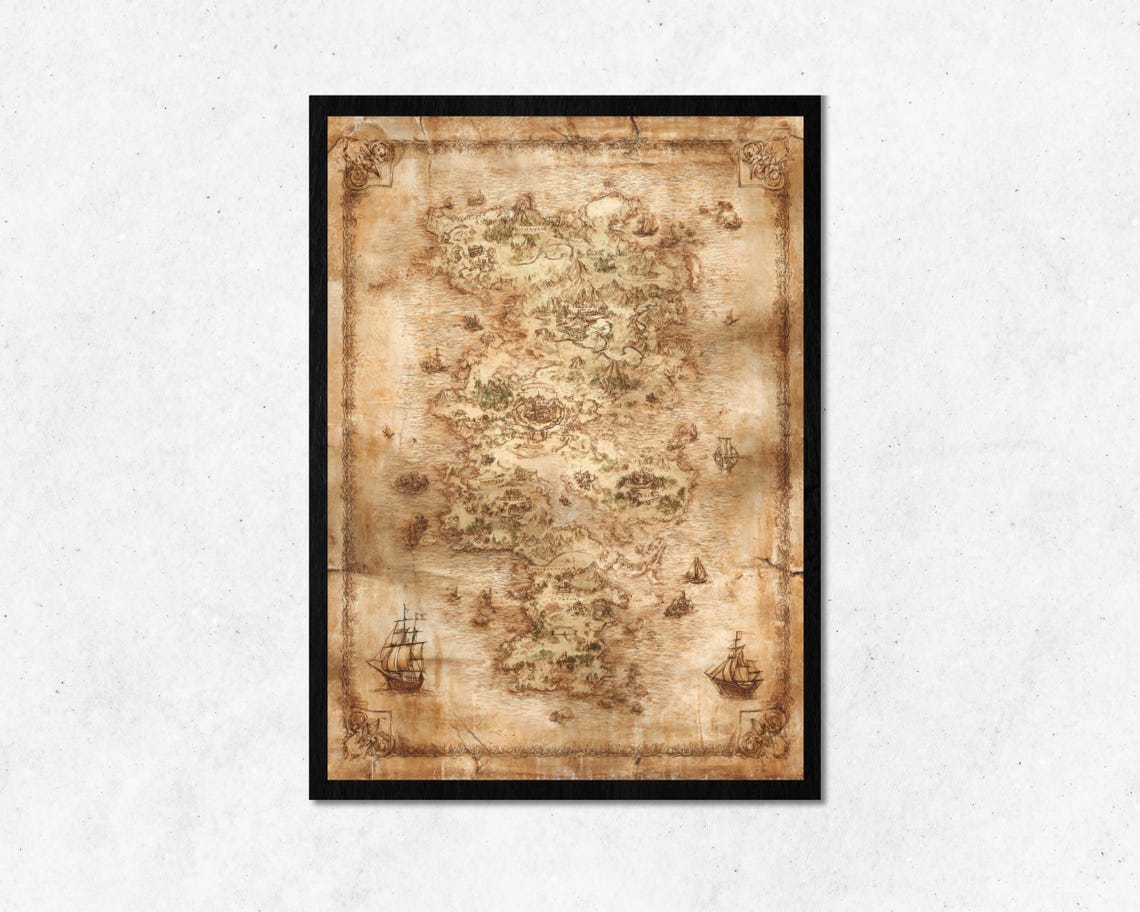Vintage Old Treasure Map Island With Ships Distressed Poster