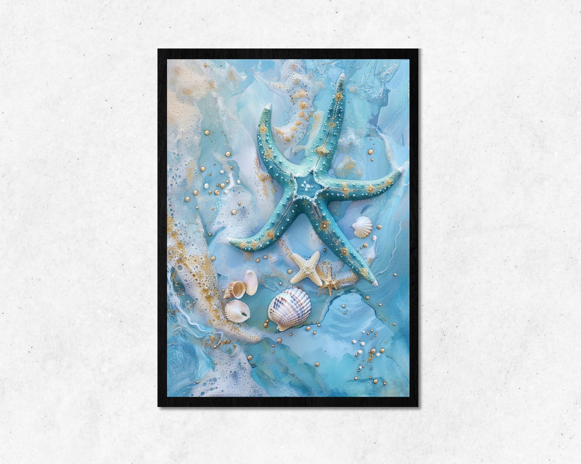 Blue Starfish On The Beach Clean Fresh Ocean Design Home Decor Poster