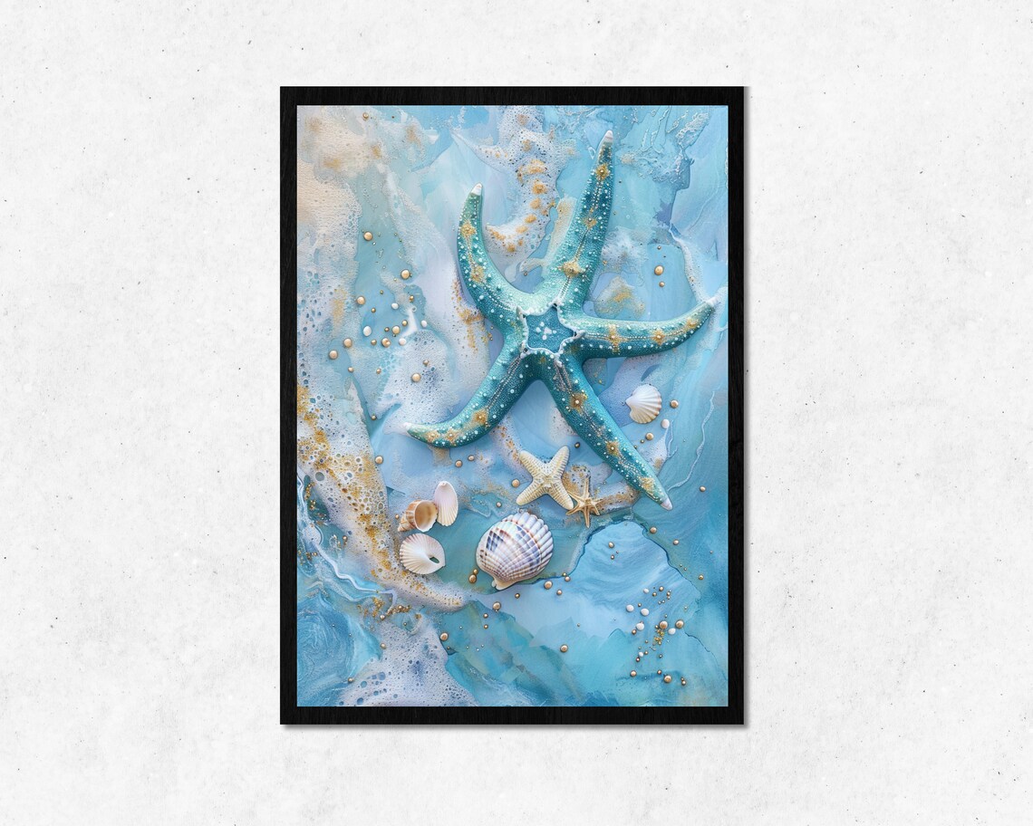 Blue Starfish On The Beach Wall Art L Clean Fresh Ocean Design Home Decoration Cool Room Decor Frame Use