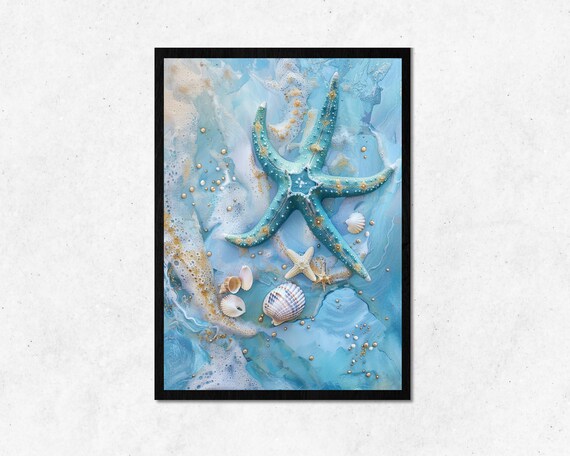 Blue Starfish On The Beach Wall Art L Clean Fresh Ocean Design Home Decoration Cool Room Decor Frame Use