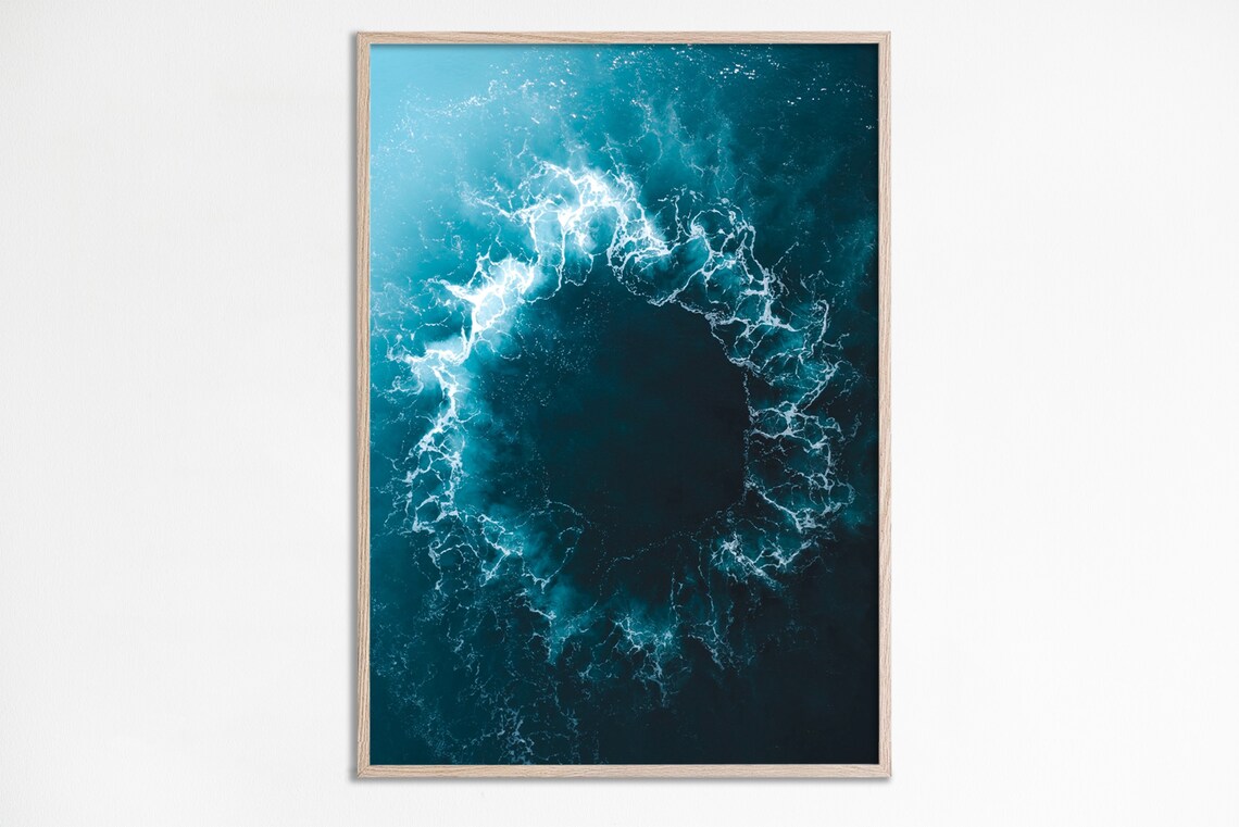 Indigo Ocean Wave Aerial Drone Photo Teal Swirl Coastal Wave Circle Poster