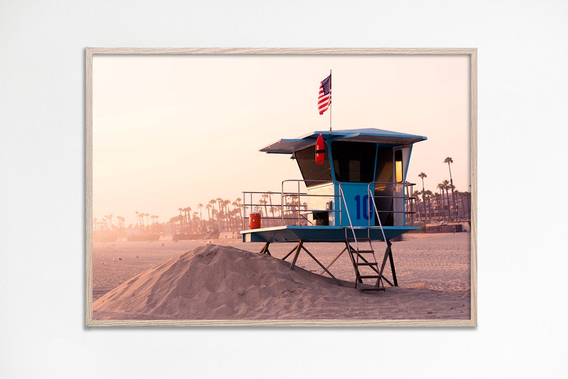 Blue Lifeguard Tower Sunset Photo Palm Trees American Flag Beach Print