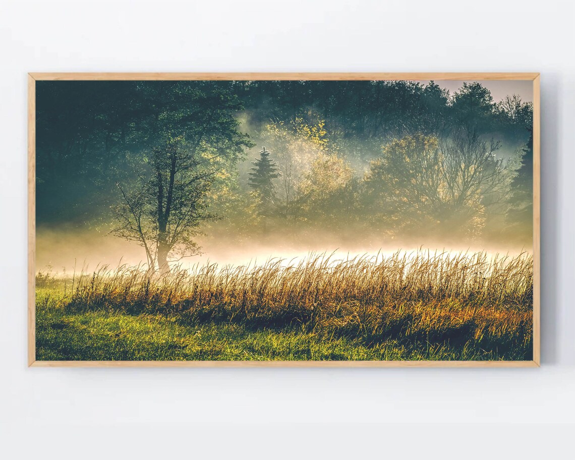 Misty Morning Meadow Golden Fog Forest Landscape Nature Art Print
