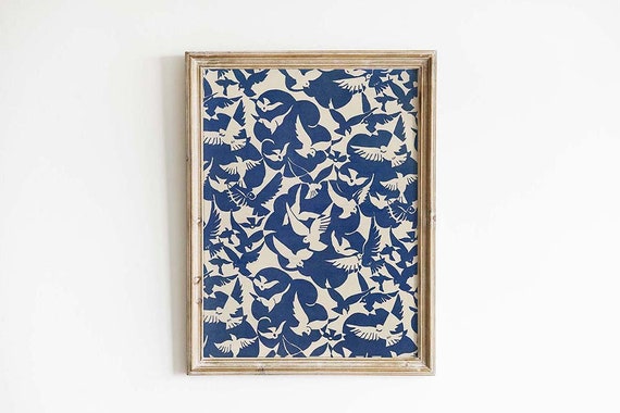 Mid Century Modern Wall Art Blue Abstract Birds Poster Retro Prints Japandi Eclectic Gallery