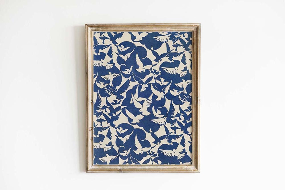 Retro Blue Bird Pattern Mid Century Modern Japandi Decor Poster