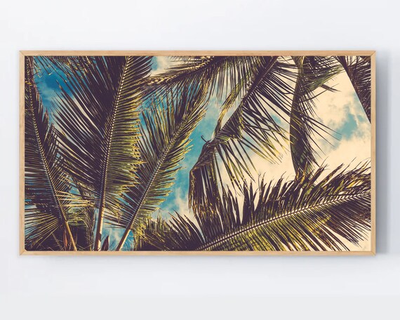 Retro Palm Tree Canopy Blue Sky Tropical Beach Photography Poster
