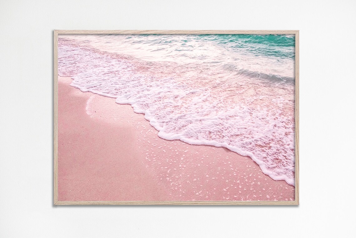 Pink Sand Beach Poster, Pastel Coastal Wall Art