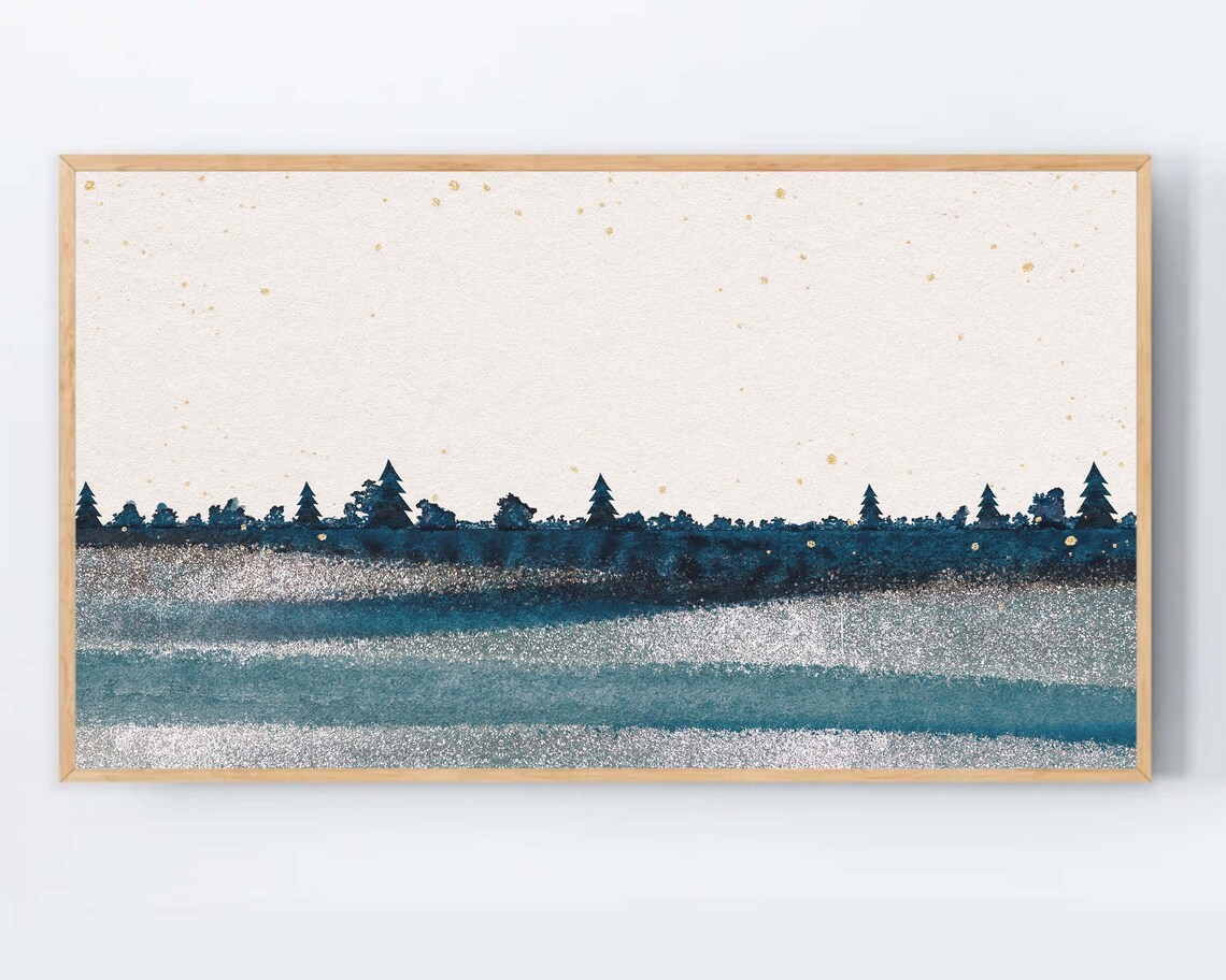 Minimalist Winter Landscape Poster With Navy Treeline And Lake