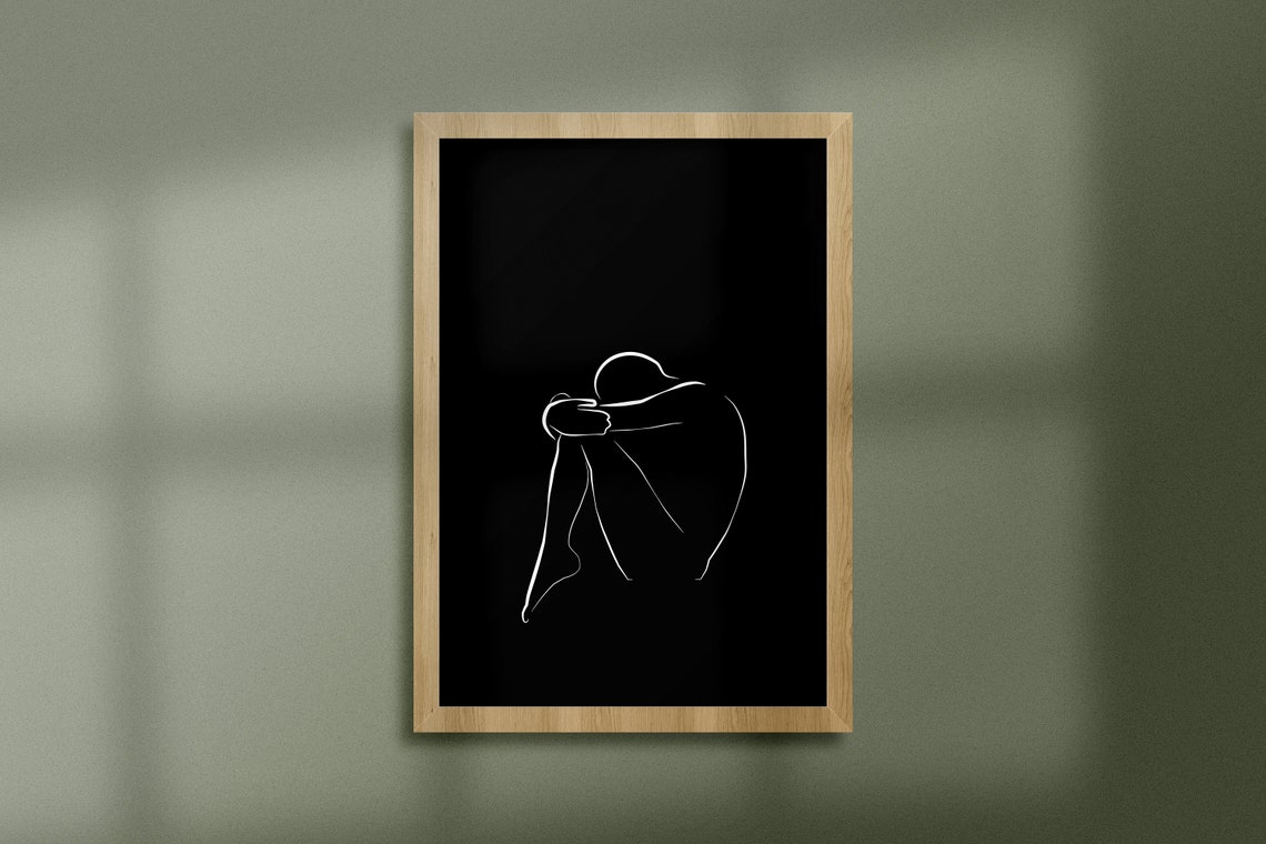 Simple Line Art Drawing In Black Background Abstract Nude Body Figure Minimalist Wall Nudity