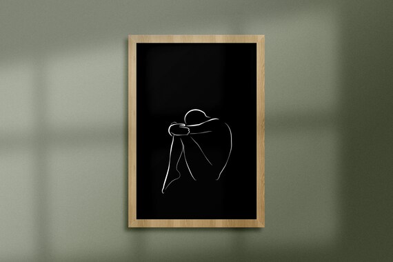 Curled Nude Figure White Line Drawing Black Background Minimal Art Print