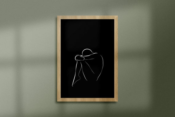 Simple Line Art Drawing In Black Background Abstract Nude Body Figure Minimalist Wall Nudity