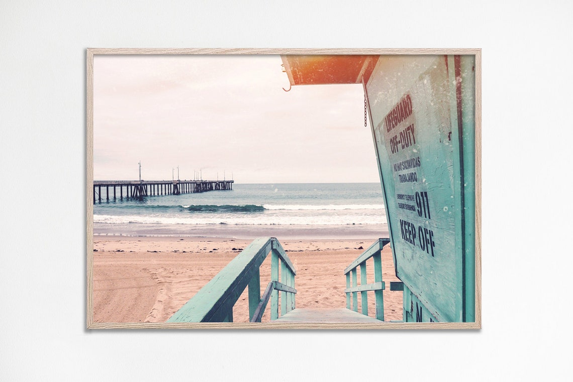 Vintage Turquoise Lifeguard Tower Beach Pier Photography Poster