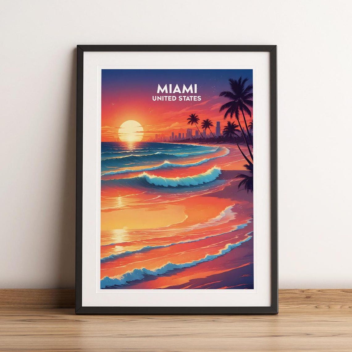 Miami United States Beach Sunset with Palm Trees Ocean Poster