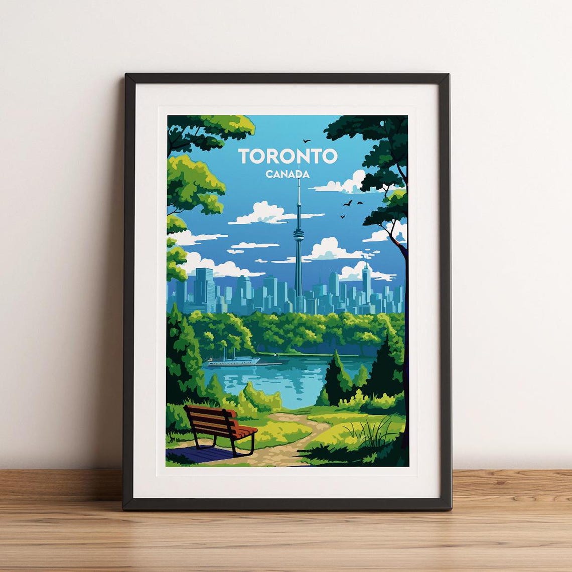 Toronto Canada CN Tower Lakeside Park Bench Retro Travel Poster