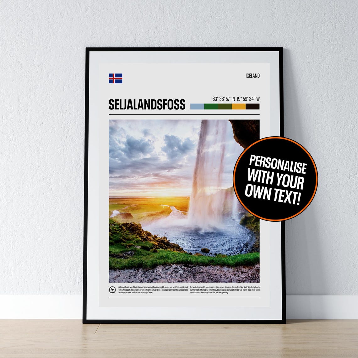 Seljalandsfoss Waterfall Iceland Sunset Coordinates Travel Poster