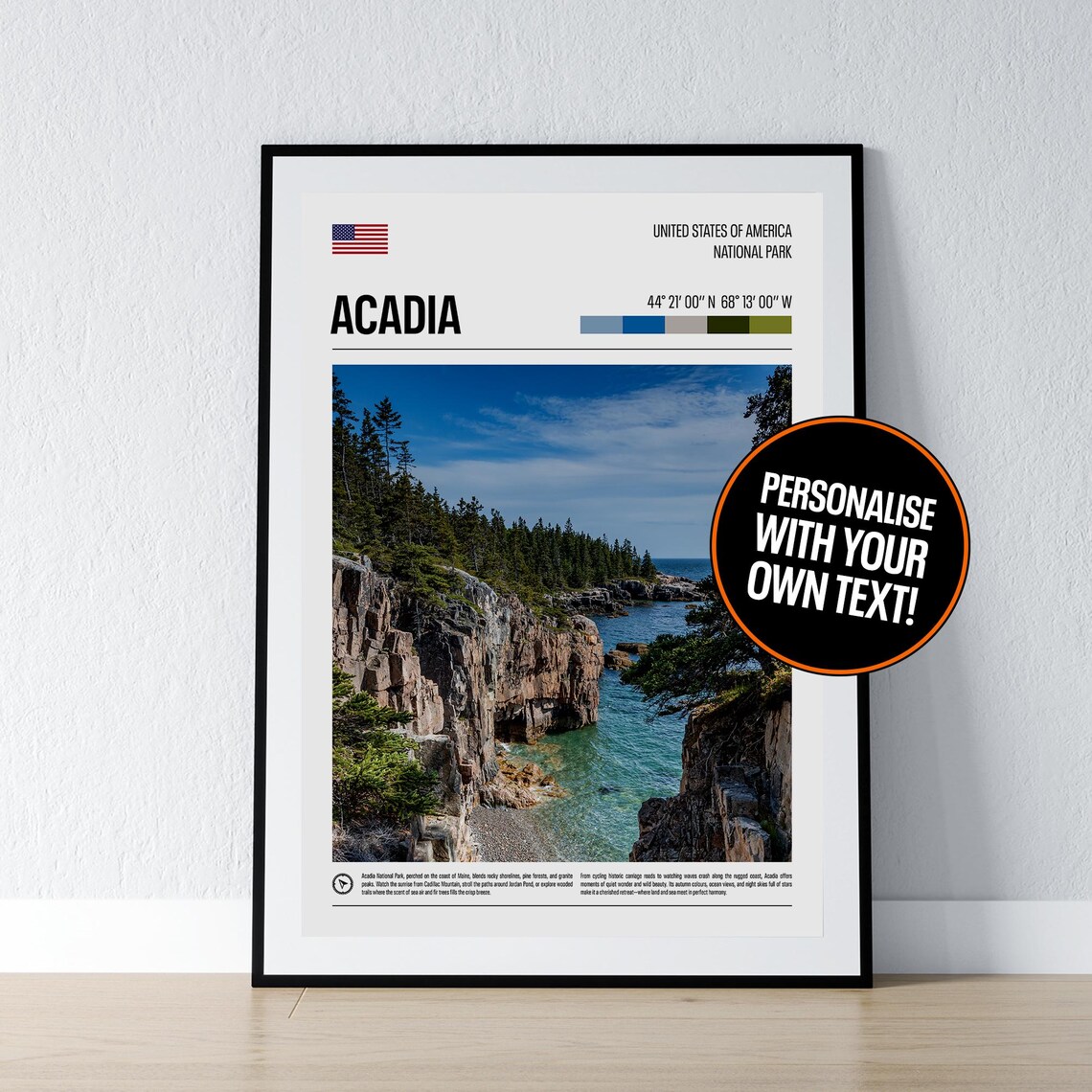 Acadia National Park Maine Rocky Coast Coordinates Travel Print